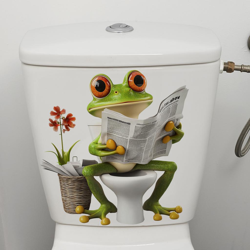 Tecknad groda badrumsklistermärke Realistisk groda på blommor med tidning Toalettdekal Söt djurväggklistermärke för badrumsdekor