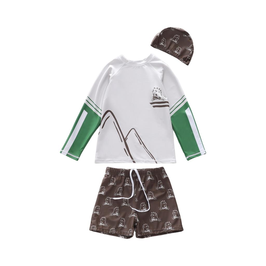 Boys Three Piece Swimwear Set Long Sleeve Rash Guard Swim Shirt Swim Shorts and Swim Cap Cartoon Print Lightweight Quick Dry
