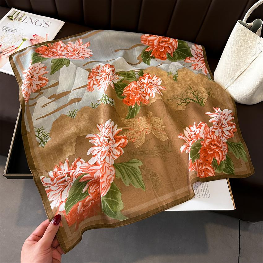 New National Style Mountains and Rivers Small Square Scarf Silk Scarf Thin Rich Peony Herringbone Pattern Headscarf Imitation Velvet Scarf Scarf Femal