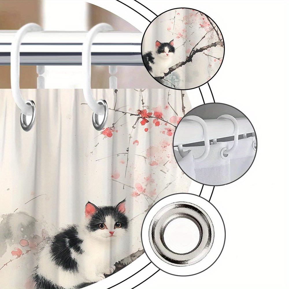 Black And White Shower Curtain With Kitten And Cherry Blossom Pattern, Machine Washable Polyester Fabric, Bathroom Decoration.
