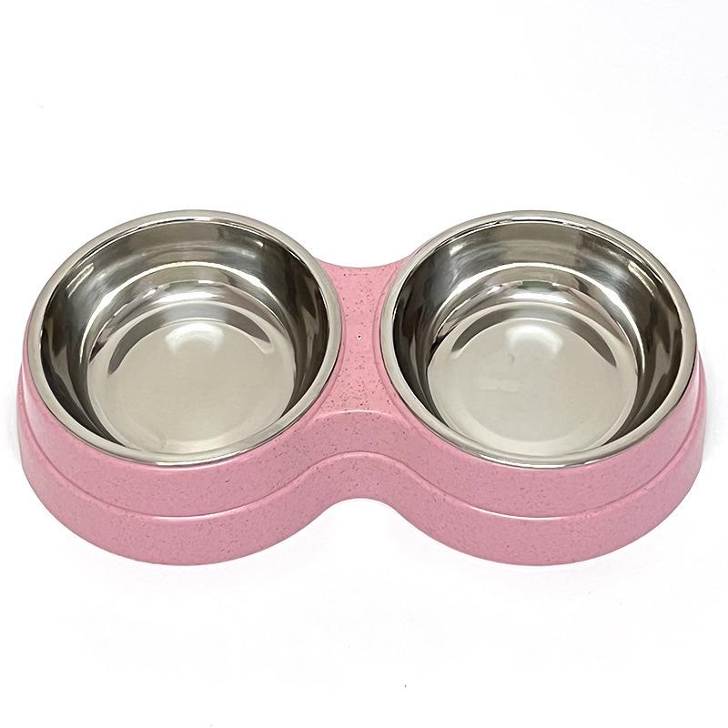 Stainless Steel Double Pet Bowl Wheat Straw Base Dog Cats Feeder Cat Puppy Feeding Food Water Container Dispenser Pet Supplies