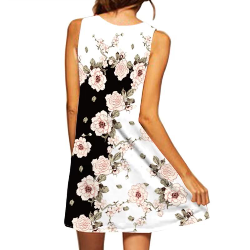 European American Cross Border Pullover Women Long Dress V Neck Sleeveless Sexy Print Large Loose Hem Foreign Trade Summer Beach Boho