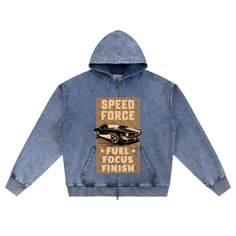 DTG Print Knitted Denim Zip-Up Hoodie Speed Force Brother Print Zipper Hoodies  