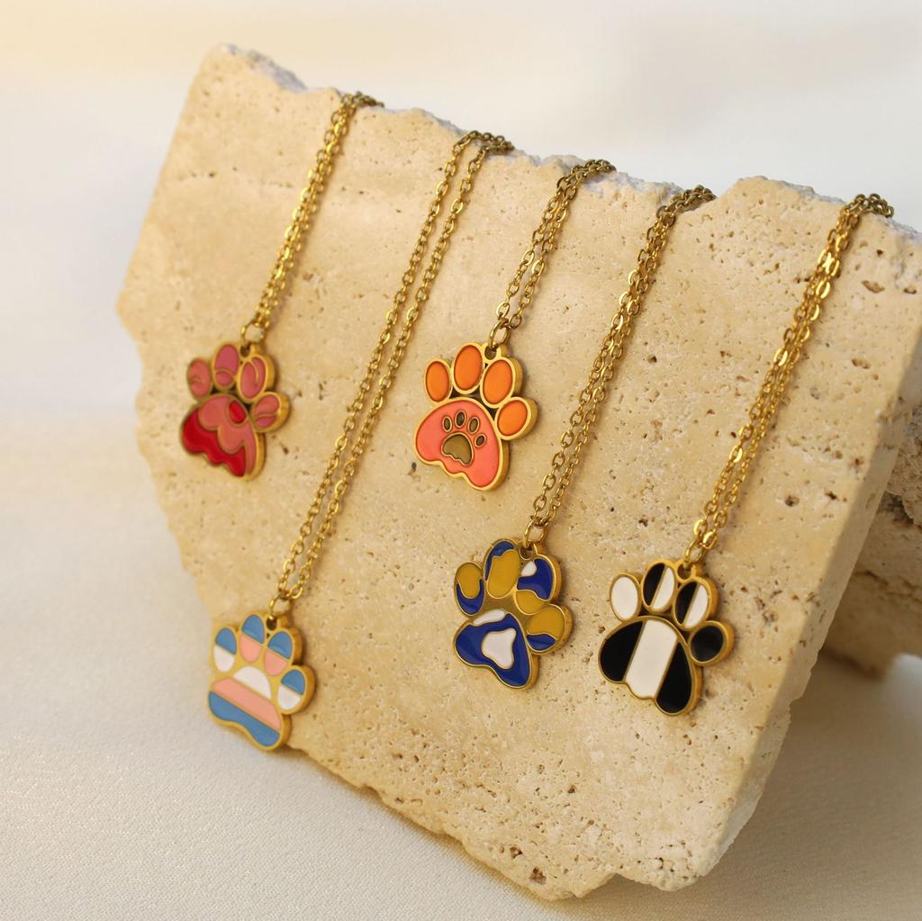 Niche Design Cute Sweetheart Cat Claw Necklace Collarbone Chain, Oil Dripping Stainless Steel Animal Footprint Pendant