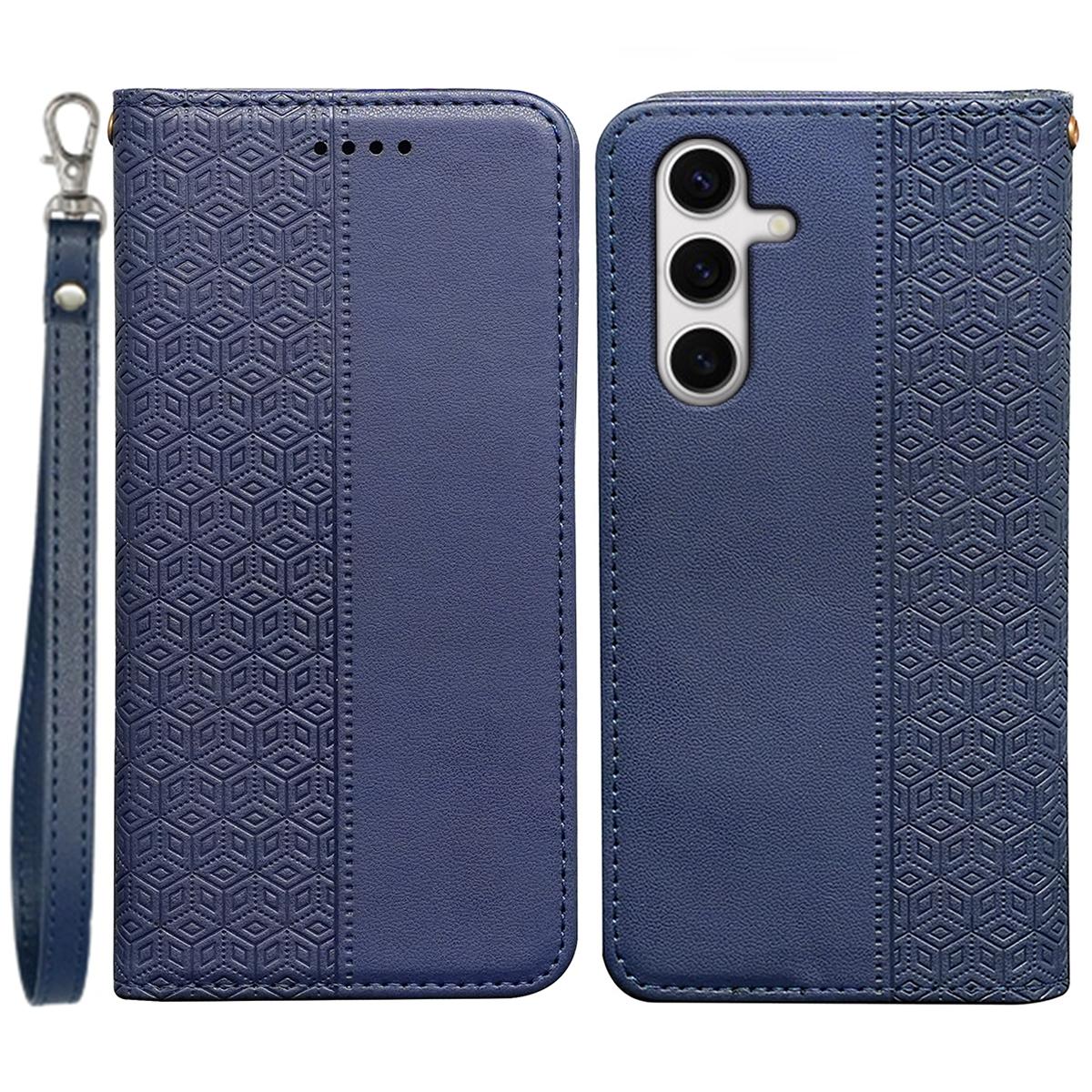 

For Samsung Galaxy S24 FE Wallet Phone Case Strong Magnetic Checkered Pattern Imprint Leather Flip Cover Blue