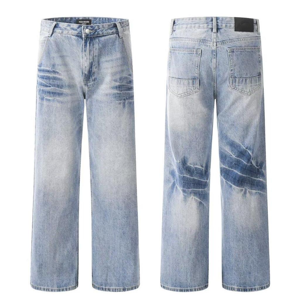 Erkekler İçin High Street Kot Pantolon, Retro Yıpranmış, Bol Düz Paça Pantolon, Geniş Paça Spor Pantolon, Trend
