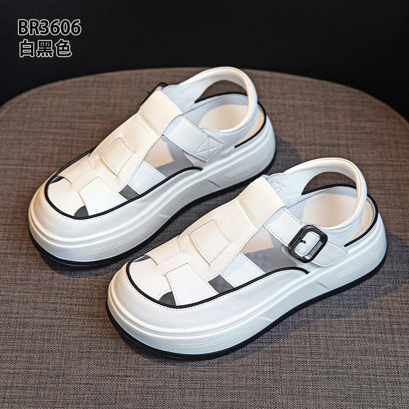 Baotou sandals summer new leather hollow woven muffin thick sole wear beach casual shoes