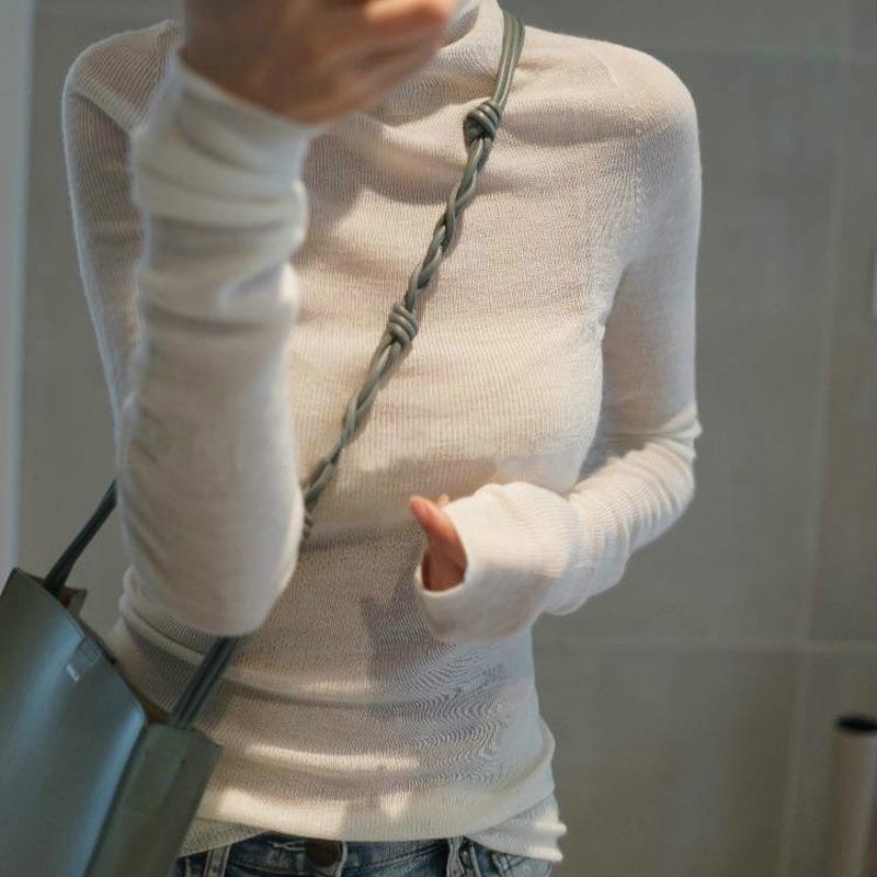Spring Women's See-Through Wool Turtleneck Sweater - Lightweight, Close-Fitting Base Layer