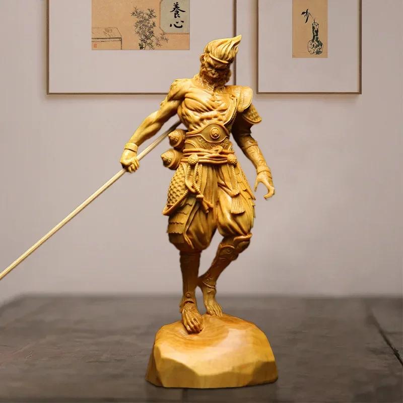C666 Naturligt massivt trä Battle Buddha Apguden Sun Wukong Figur Staty Mytisk Apa Hem Rum Kontor Feng Shui Staty