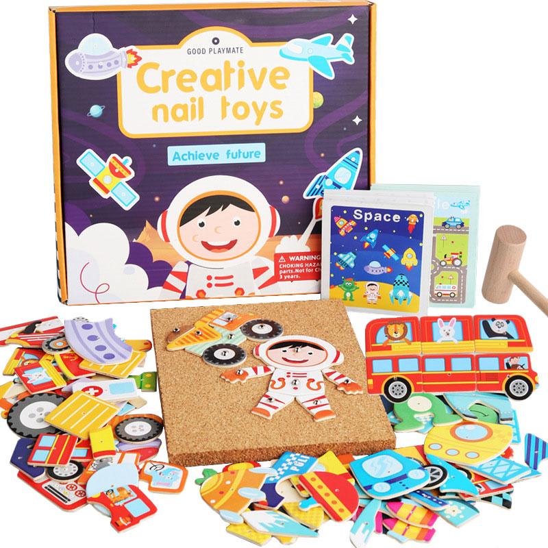 Wooden Knocking Puzzle Children Toys Cork Wooden Hammer Knocking Thumbtack Universe Traffic Animal Puzzle Educational Toys Set