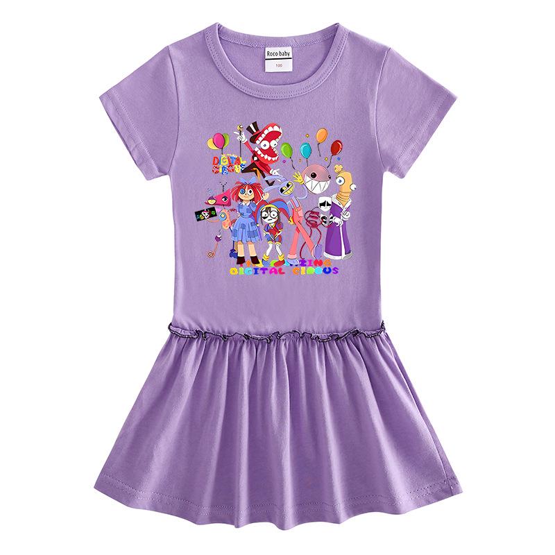 2026 Korean Style Kids' Cartoon Dress: Color Block Pleated Skirt with Short Sleeves for Girls