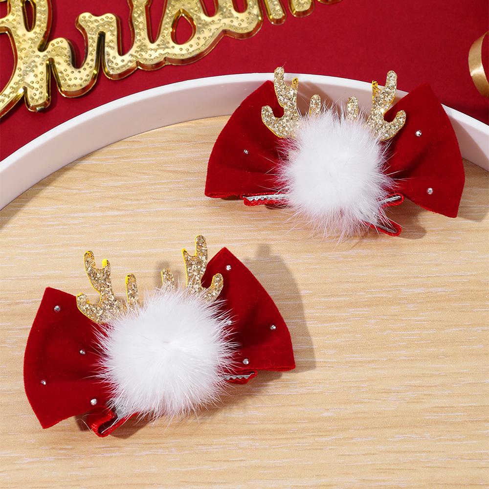 2Pcs Christmas Retro Velvet Bow Hair Clips For Girls Sweet Glitter Reindeer Antlers Rhinestone-embellished Hairpins Accessories
