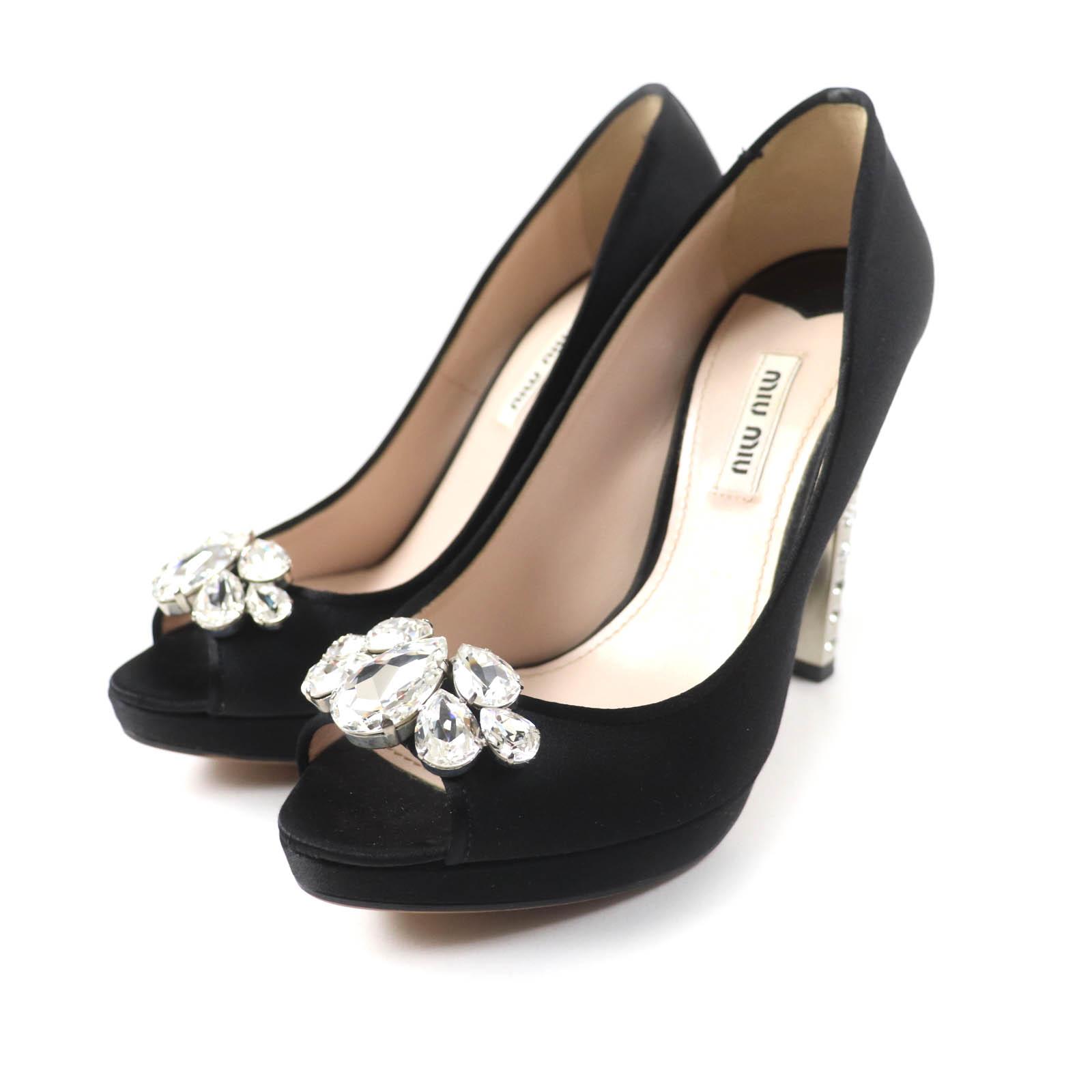 Great MIUMIU pumps Open toe with crystal jewels black Satin Women 37 Used