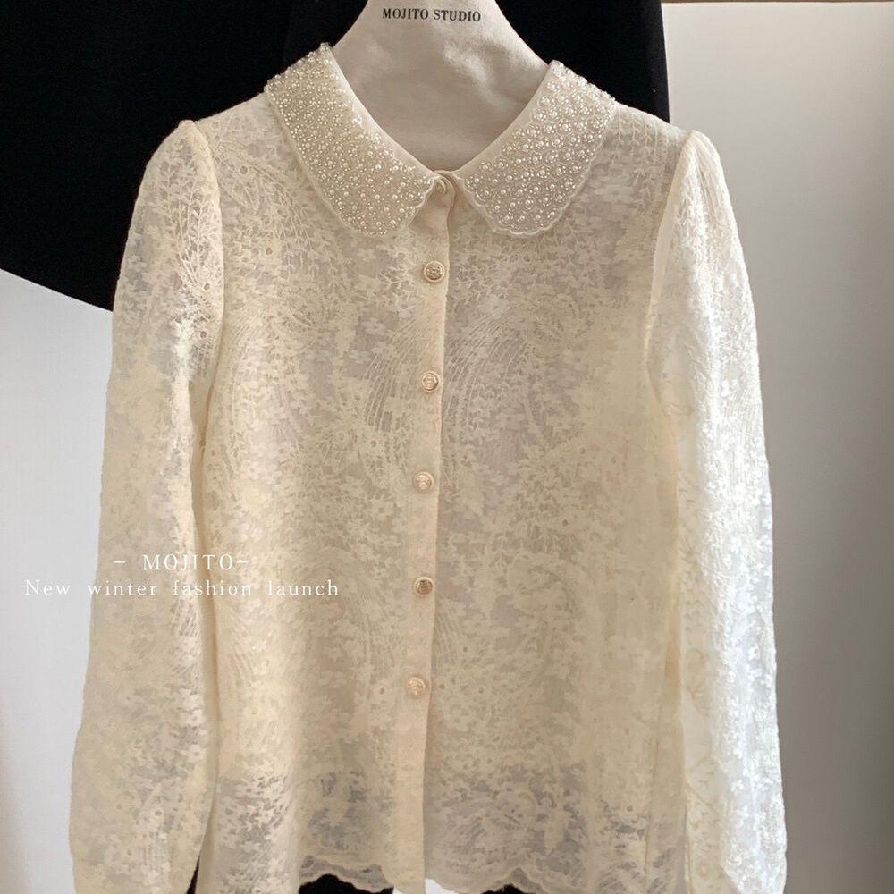 Elegante Camisa de Renda com Gola de Boneca e Miçangas Francesas - Top Bordado de Manga Longa Estilo Primavera