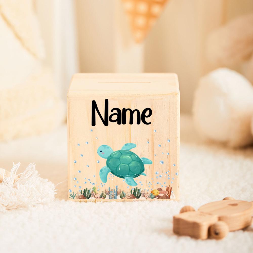 Money Box Personalized Child Wooden Money Box with Name Customized Cute Cartoon Piggy Bank Baptism Gift Baby Birth Gift