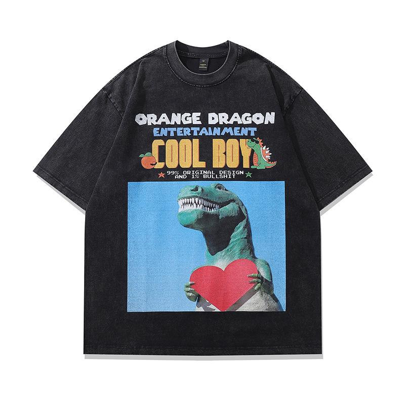 Harajuku Japanese Street Cartoon Print Old Short-Sleeved T-Shirt Men'S Trendy Brand Hip-Hop Loose Washed Five-Quarter Sleeve T-Shirt