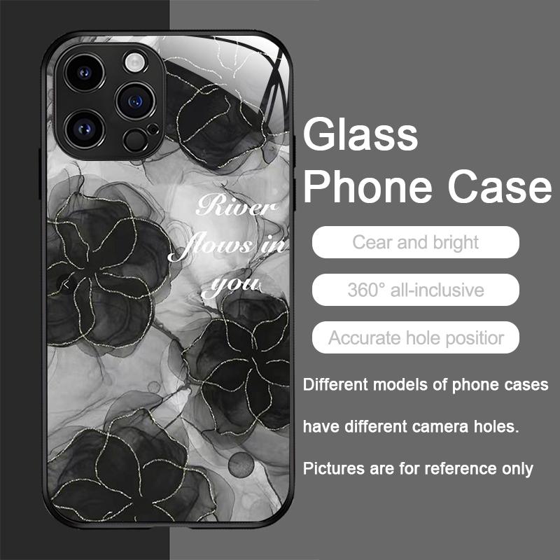 

Luxury Black Rose Flower Graphic Tempered Glass Phone Case for IPhone 16 Pro Max 15 14 13 12 Mini 11 XS XR 7 8 Plus Hard Covers iPhone 12