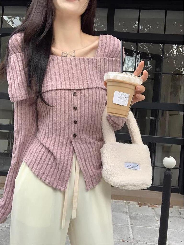 Samtiges Strickoberteil mit Carmenausschnitt - Damen Slim-Fit Quadratischer Ausschnitt für Frühling bis Winter