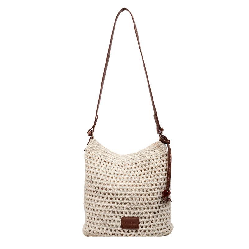 Grid-eye Hollowed-out Interwoven Knitted Large-capacity Shopping Bag with Shoulder Strap and Side Carry for Women
