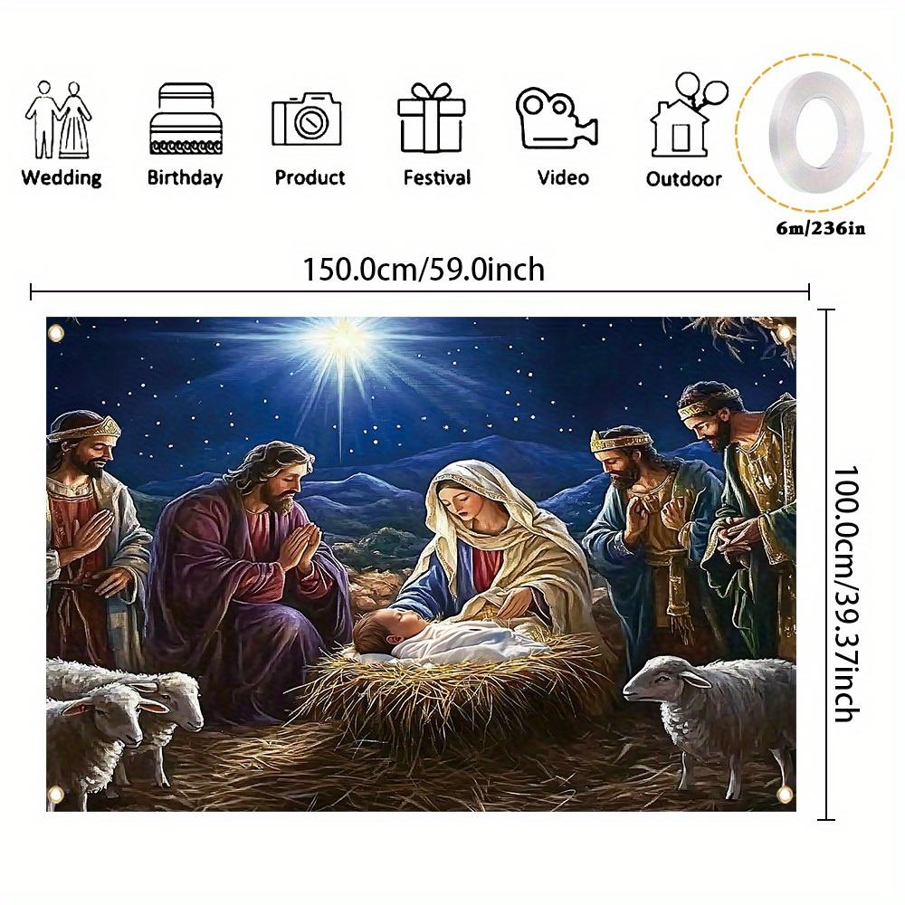 1 piece  "Merry Christmas" decorative banner  polyester pendant  Jesus manger birth scene pattern  party home decoration