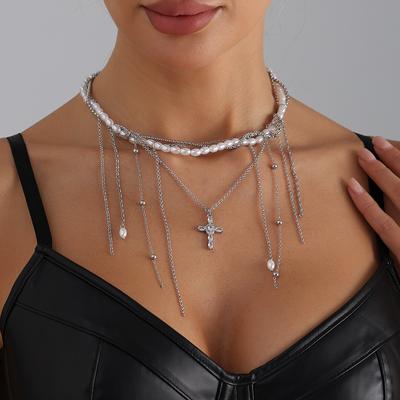 Tassel Baroque Pearl Necklace Ins Style Temperament Delicate Cross Necklace