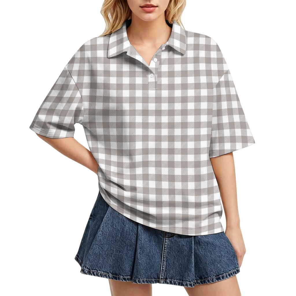 Women Casual Polo Shirt Loose Fit Short Sleeve Button Down Collar Checkered Pattern Lightweight Top for Daily Wear