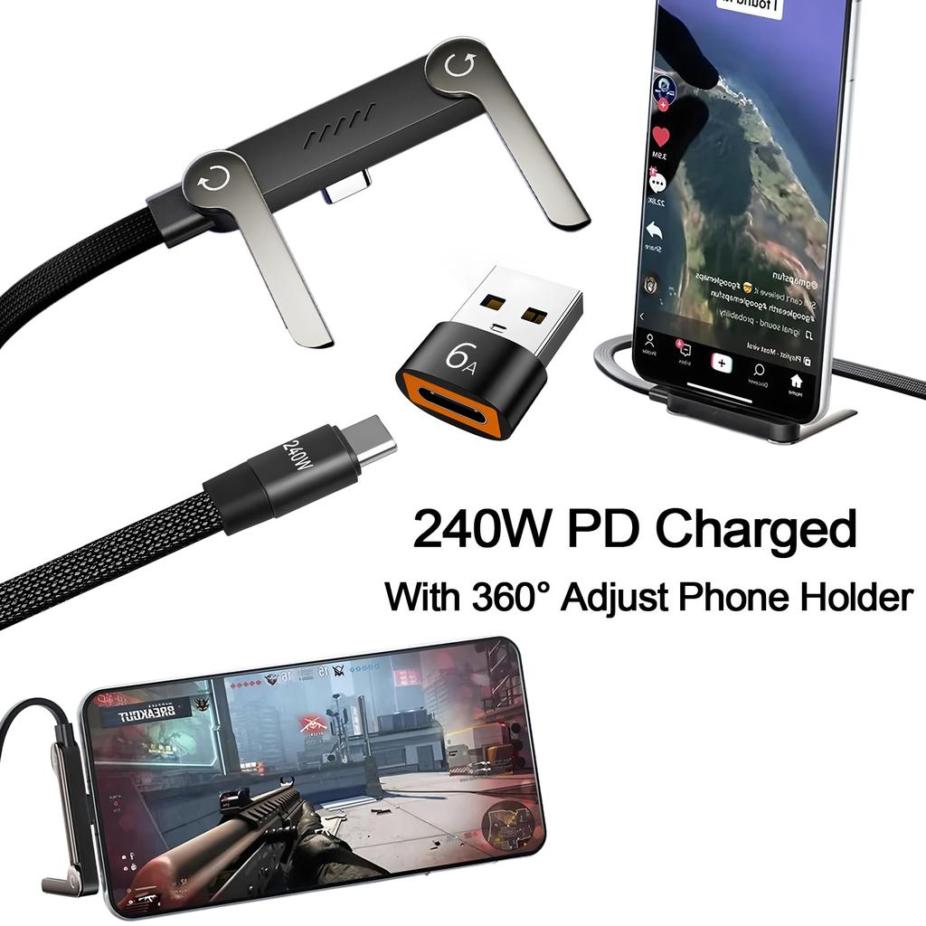 2-in-1 Holder Charger Cable – 240W Fast Charging Cord with Built-In Phone Stand USB Type C To USB-C Cable PD Cable Phone Holder