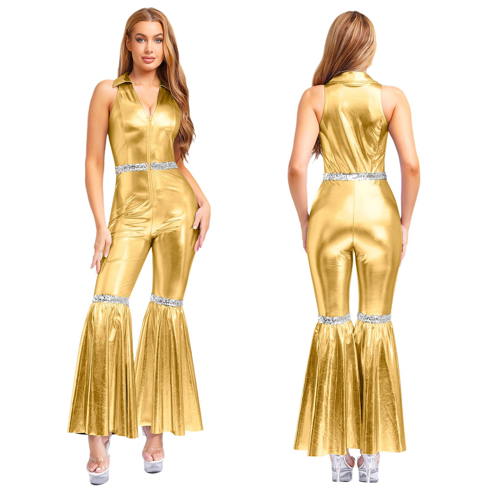

Retro Disco Jumpsuit for Women - 70s Style Lapel V Neck Sequined Romper with Bell Bottoms & Front Zipper M золотий