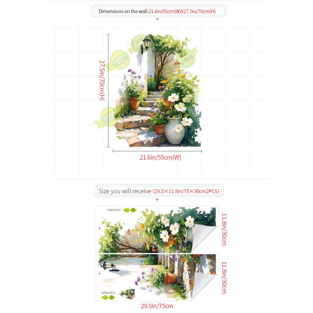 

3D Watercolor Garden Stairway Wall Sticker Floral Potted Plants Peel and Stick Mural Removable Decal for Living Bedroom Decor зелёный