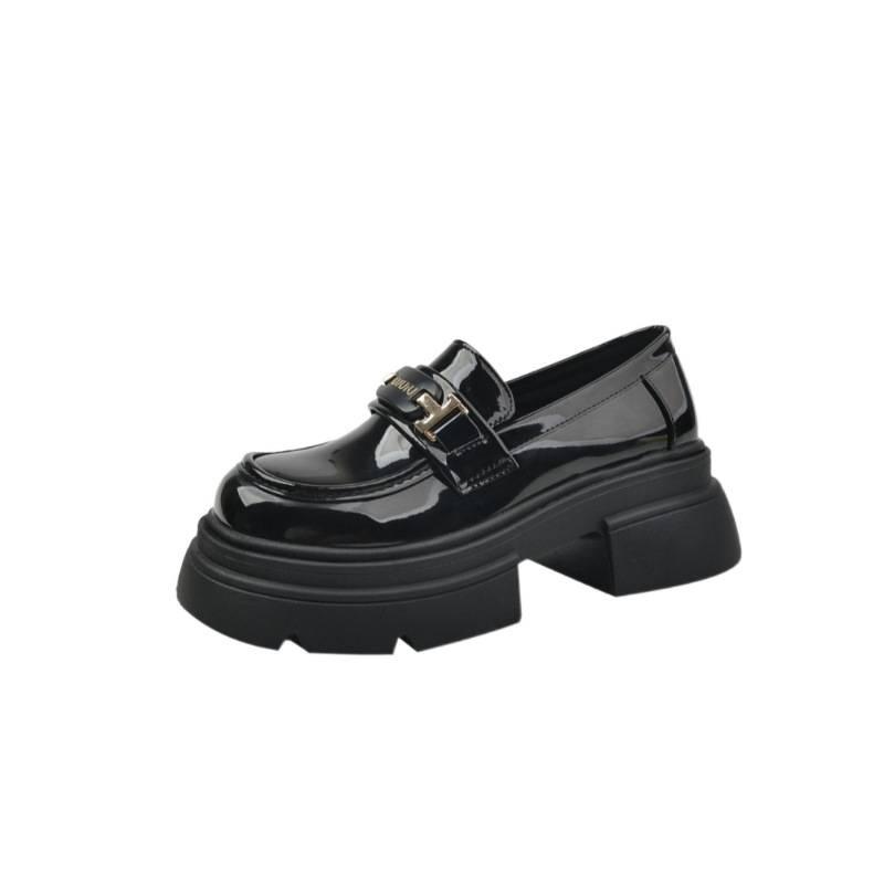 Platform loafers women's autumn and winter retro bright leather Mary Jane one-pedal French Hepburn style black commuter shoes