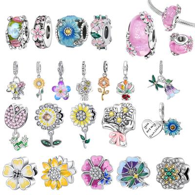 925 Silver Sunflower Charm Tulip Four-Leaf Clover Daisy Pendant Bead Fit Women Bracelet Necklace DIY Fine Gift