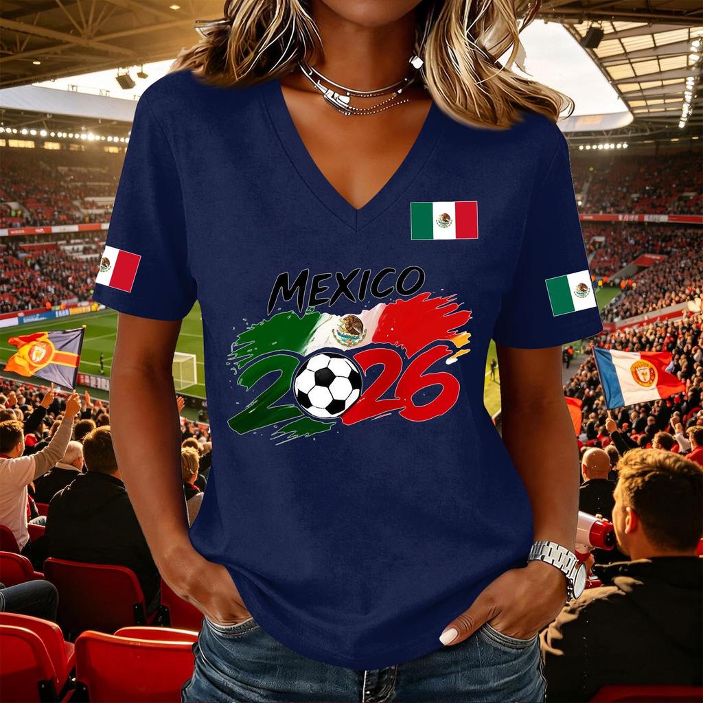 Women's Casual Short Sleeve V Neck Pullover Top Soccer Graphic Print National Flag Support Shirt for Outdoor Activities and Sports