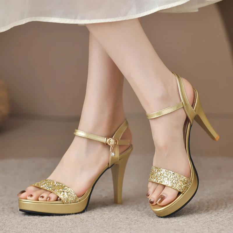 Gold Silver Glitter High Heel Sandals for Women Summer 2025 Ankle Strap Platform Pumps Woman Sexy Stiletto Heeled Party Shoes