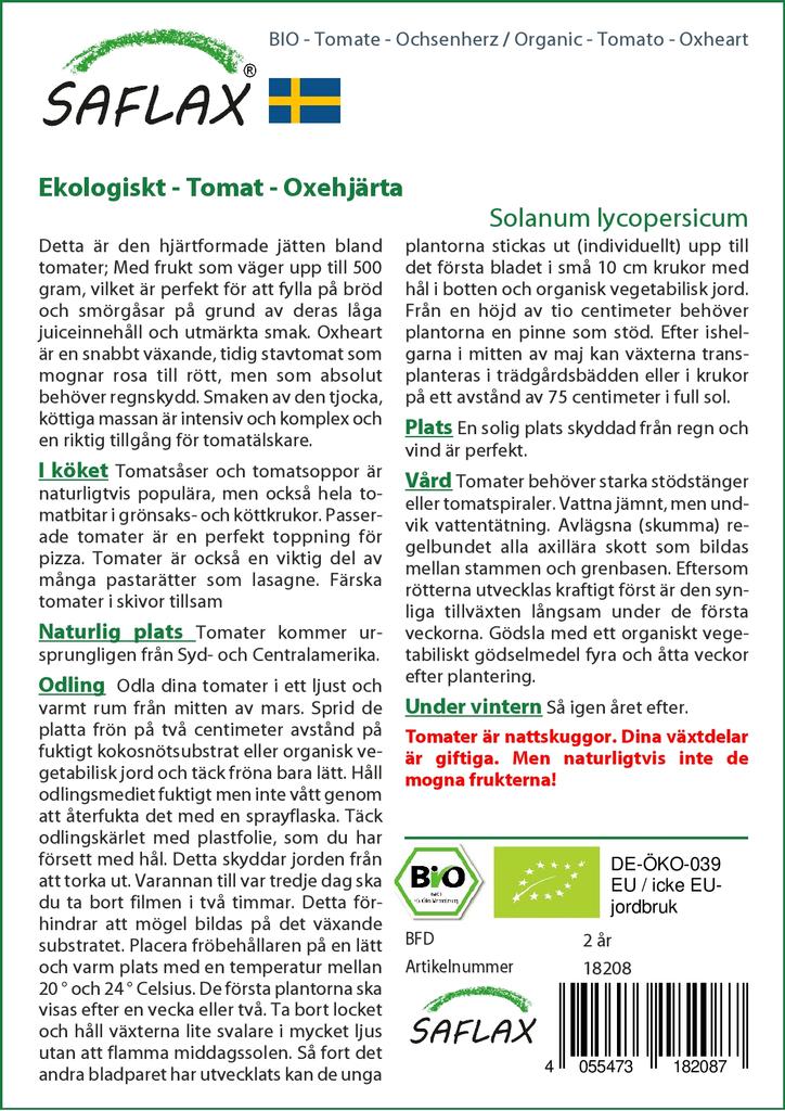 SAFLAX Garden In the Bag - Organic - Tomato - Oxheart - 10 Seeds - With Substrate In a Fitting Stand Up Bag - Solanum Lycopersicum