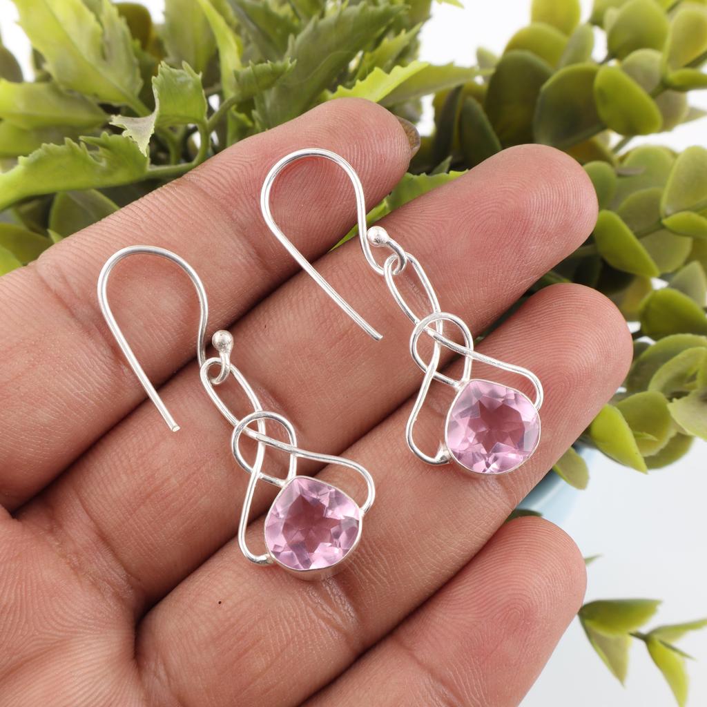 Morganite Earrings , Handmade Gemstone 925 Solid Sterling Silver Earrings Dainty Jewelry, For Engagement Gift
