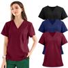 3PC Women's Fashion Solid Short Sleeve V Neck Pattern Tops Pocket Working T-shirts