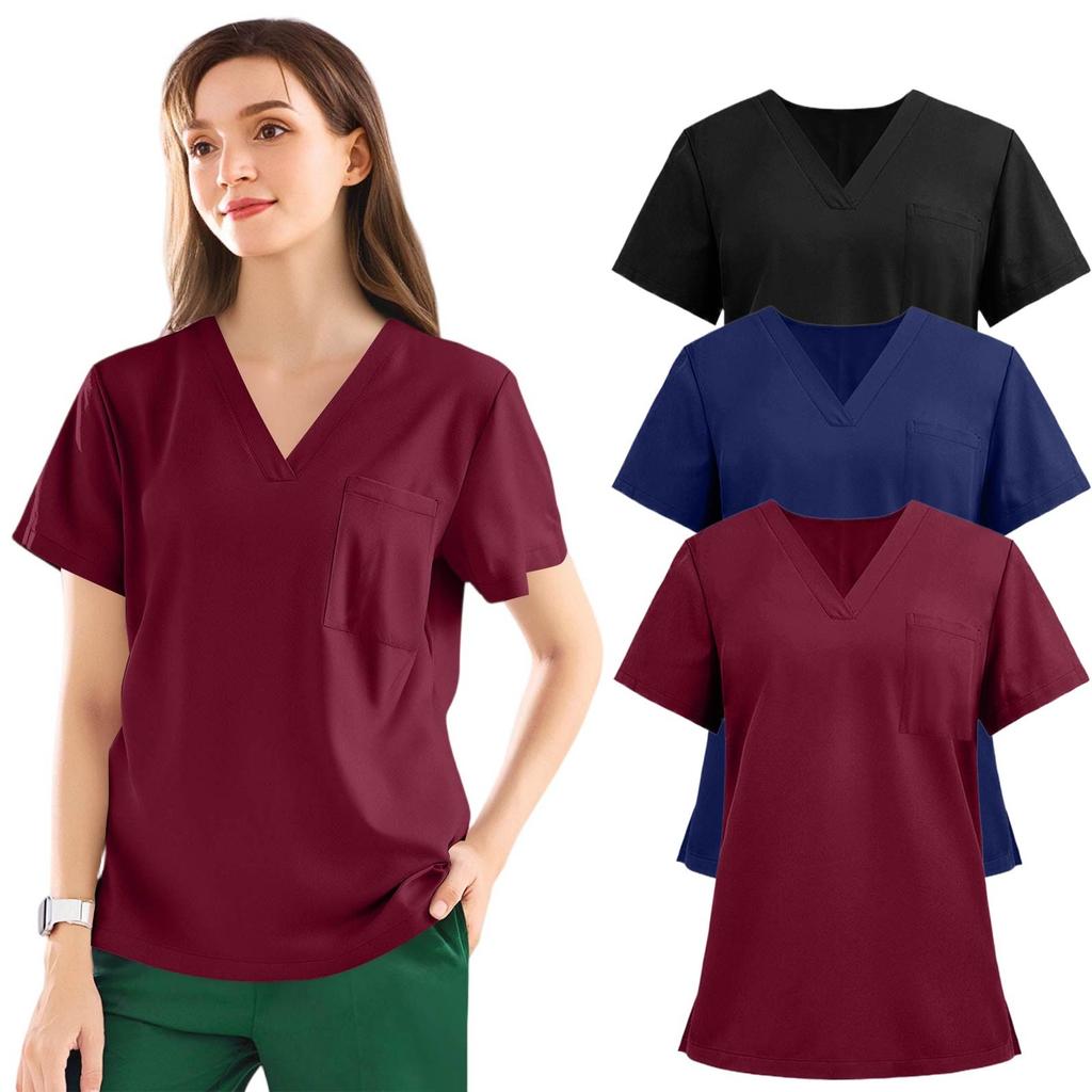 3PC Women's Fashion Solid Short Sleeve V Neck Pattern Tops Pocket Working T-shirts