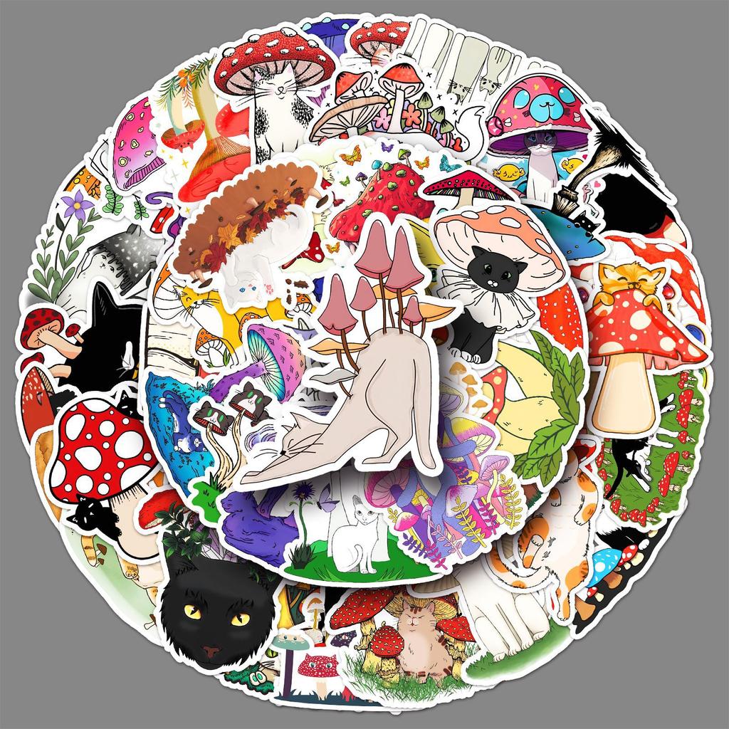50 Cat Mushroom Graffiti Stickers Personalized Cartoon Animals and Plants Decorative Mobile Phone Case Water Cup Creative Stickers