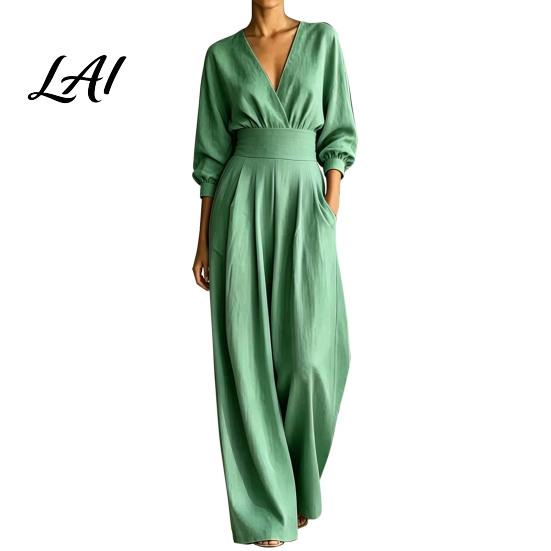 Stretchy Jumpsuit for Women Women's Long Sleeve Jumpsuit Deep V Neck Loose Wide Leg All Day Comfort Rompers High Waist Summer Casual One Piece