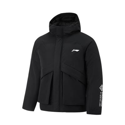 Li Ning Basketball Series Solid Color Sports Casual Simple Hooded Down Jacket Men Outerwear Black AYMU463-1
