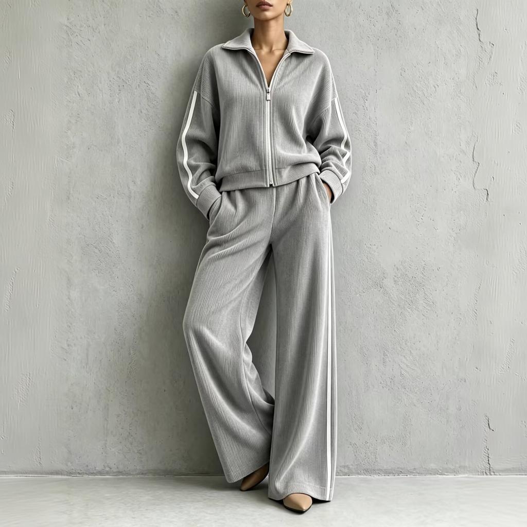 Women's Corduroy Two Piece Set with Casual Zip Up Jacket and High Waisted Wide Leg Pants