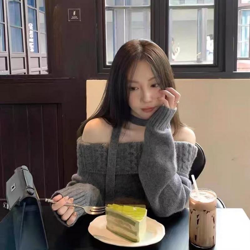 Fashion Elegant Off Shoulder Knitted Pullover Women Sweater Korean Style One-word Shoulder Casual Simple Tops Autumn Winter Loose Outer Top Clothing