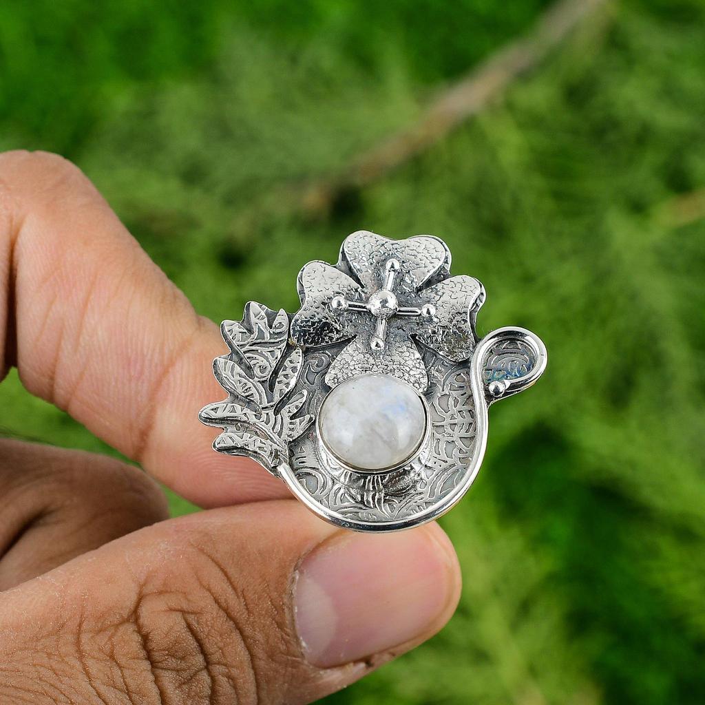 Gift For Her 925 Silver Natural Rainbow Moonstone Promise Flower Adjustable Ring