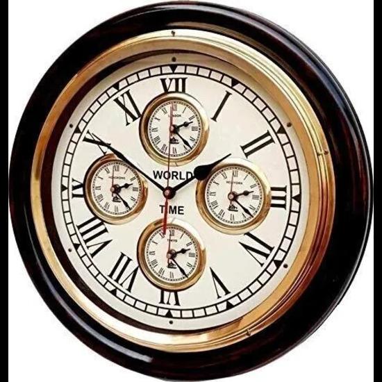 

16 дюймов Деревянные круглые настенные часы с золотым кольцом Антикварный дизайн Мировое время 5 стран Украшение для домашнего офиса Лучшее