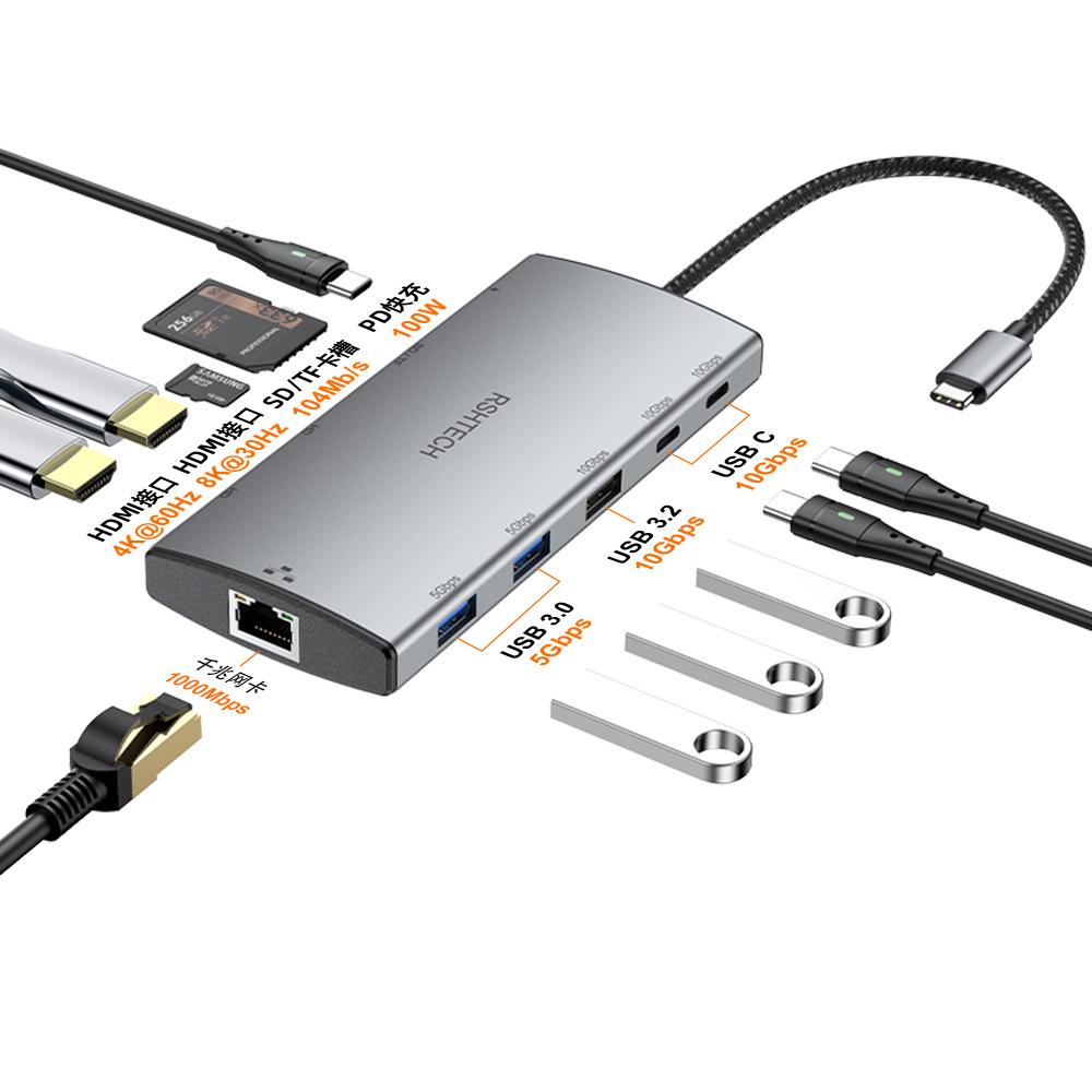 

11-in-1 Type-C Docking Station with Dual HDMI, Card Reader, USB 3.0 Hub, and RJ45 Ethernet Port