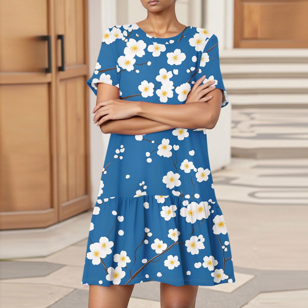 Damenmode Lässig Rundhals Kurzarm Blatt Floral Print Kleid