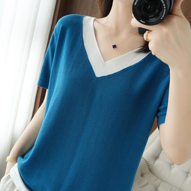 

Женская летняя футболка с V-образным вырезом из чистого хлопка, имитирующая двойку, с короткими рукавами, удобная, модная и универсальная, модный базовый топ с рукавами до локтя M