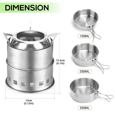 Stainless Steel Firewood Stove Foldable Camping Stove with Utensil Set Dual Fuel Alcohol Burner Compatible for Hiking