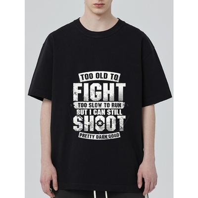 T-shirt Nera con Stampa "Troppo Vecchio per Combattere, Troppo Lento per Correre, Ma Posso Ancora Sparare Abbastanza Bene" per Abbigliamento Casual
