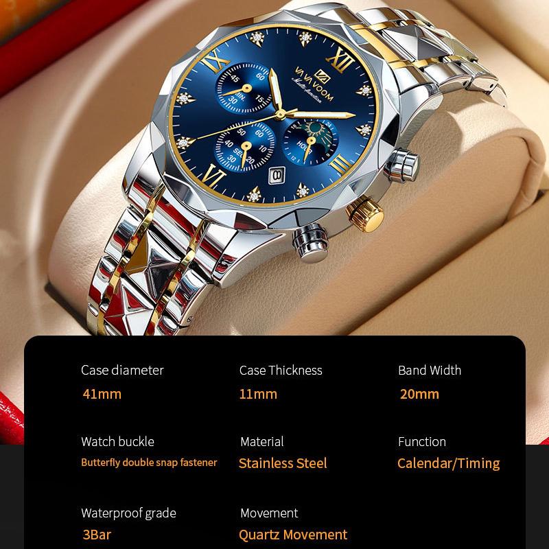 VA VA VOOM Quartz Watch Men Top Brand High Quality Stainless Steel 30M Waterproof Luminous Date Week Sports Business Wristwatches Women Quartz Watch